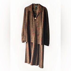 Vintage Ralph Lauren 100% Silk Paisley Shirt & Skirt Set, Brown/Red, Size 12P